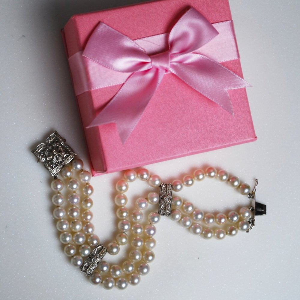 14K Freshwater Pearl 3 Strand Diamond Bracelet